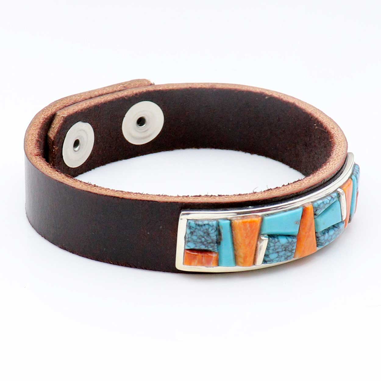 Turquoise & Spiny Oyster Inlaid Medallion Leather Cuff by Yazzie & Peterson