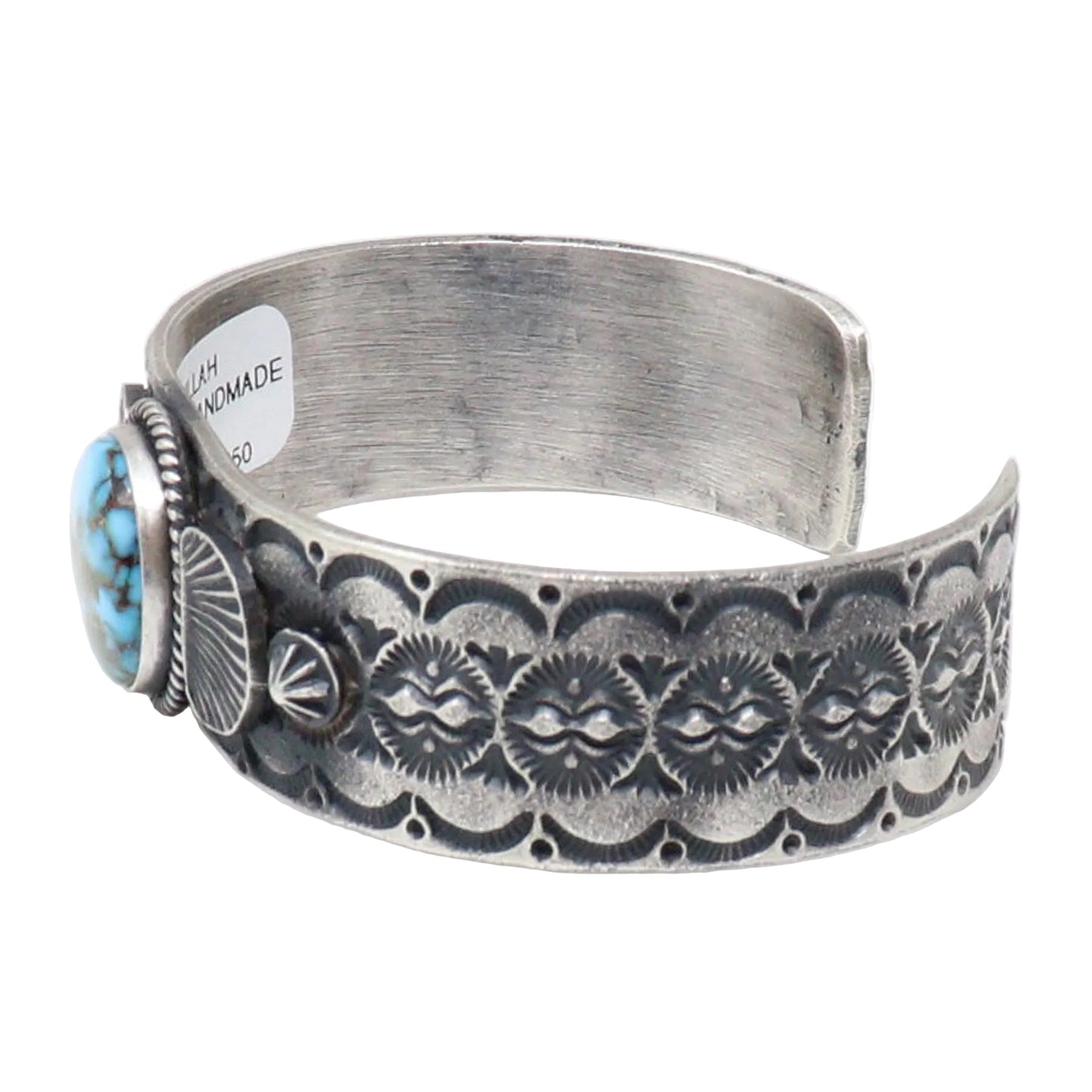 A handmade sterling silver cuff bracelet with intricate hand-painted turquoise and silver beadwork, shown on a plain white background.