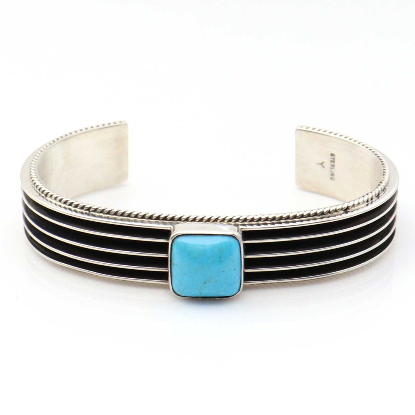 Load image into Gallery viewer, Four Row Contrast Silver and Turquoise Bracelet by Yazzie
