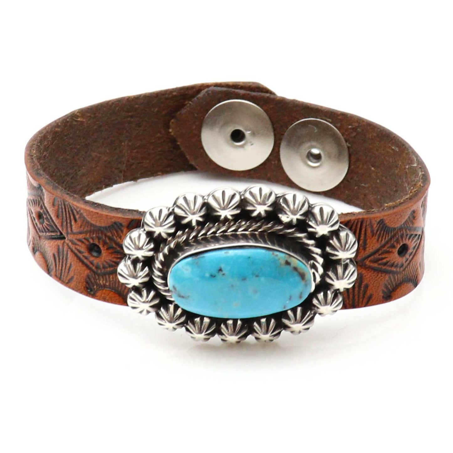 Stamped Leather Bracelet With A Single Turquoise Concho by Johnson