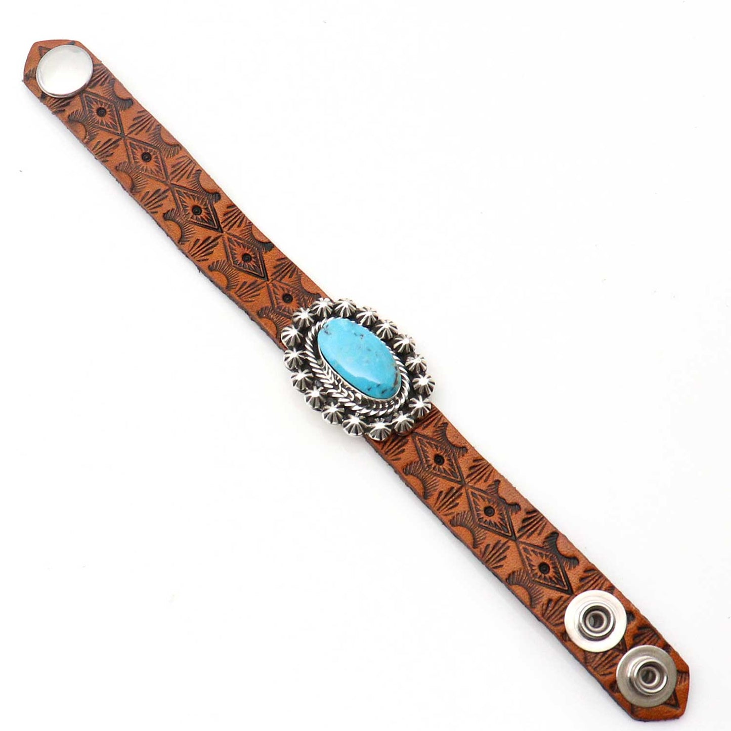 Stamped Leather Bracelet With A Single Turquoise Concho by Johnson