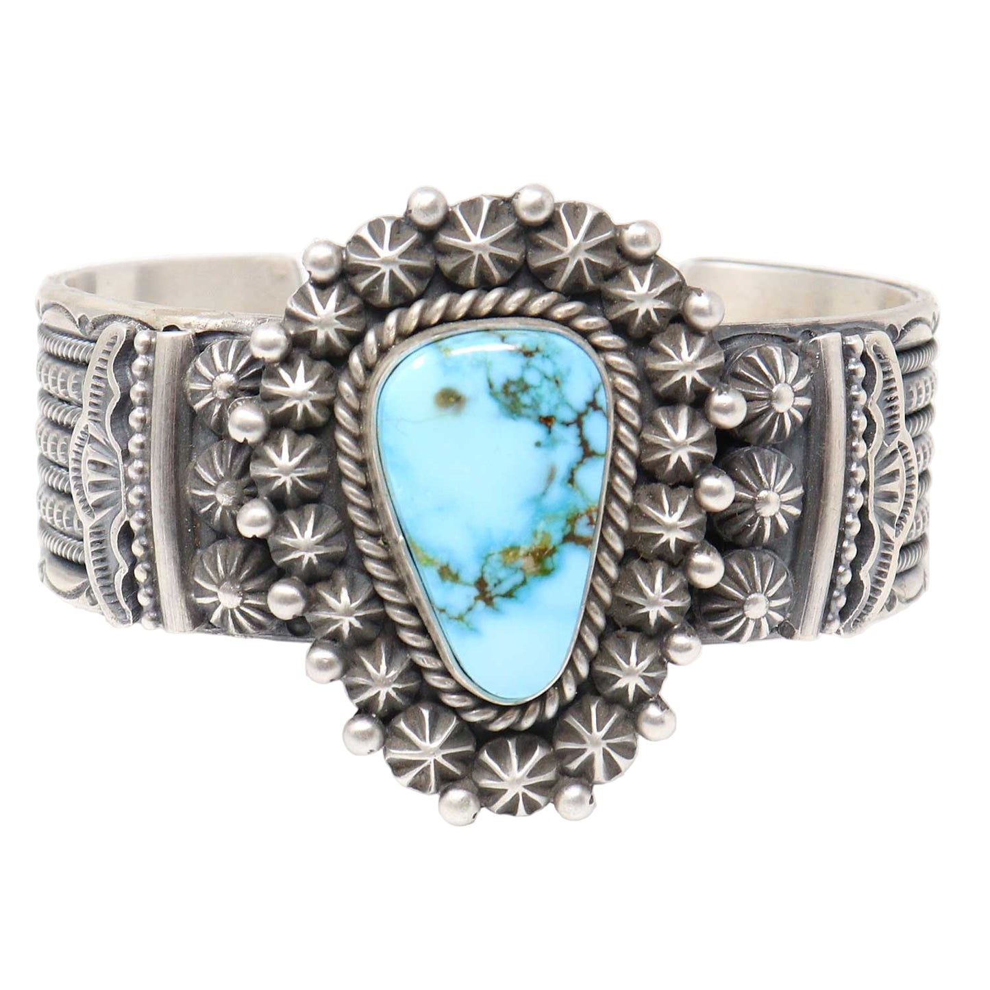 Silver bracelet with turquoise stone on a white background