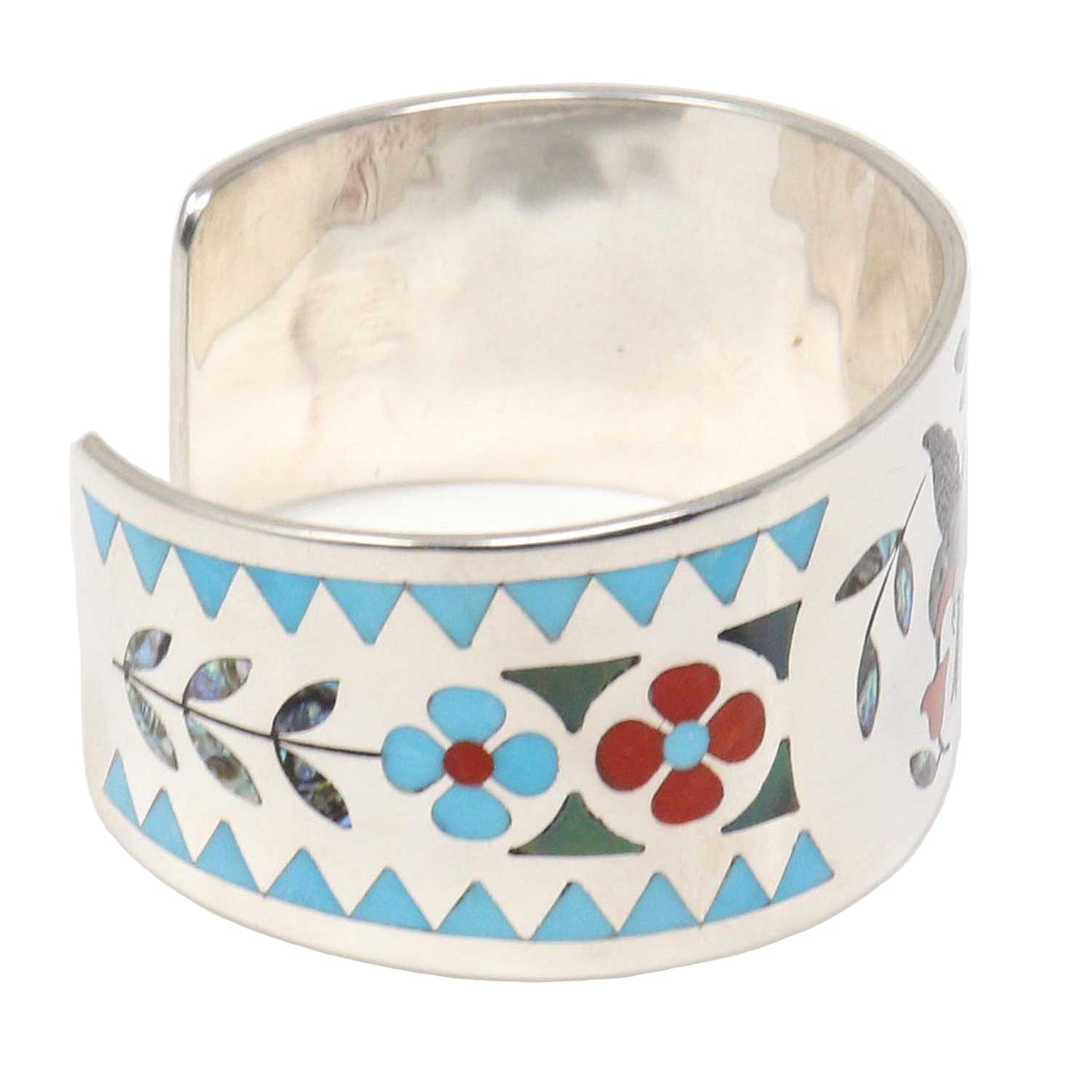 Silver bracelet with colorful floral and geometric patterns on a white background
