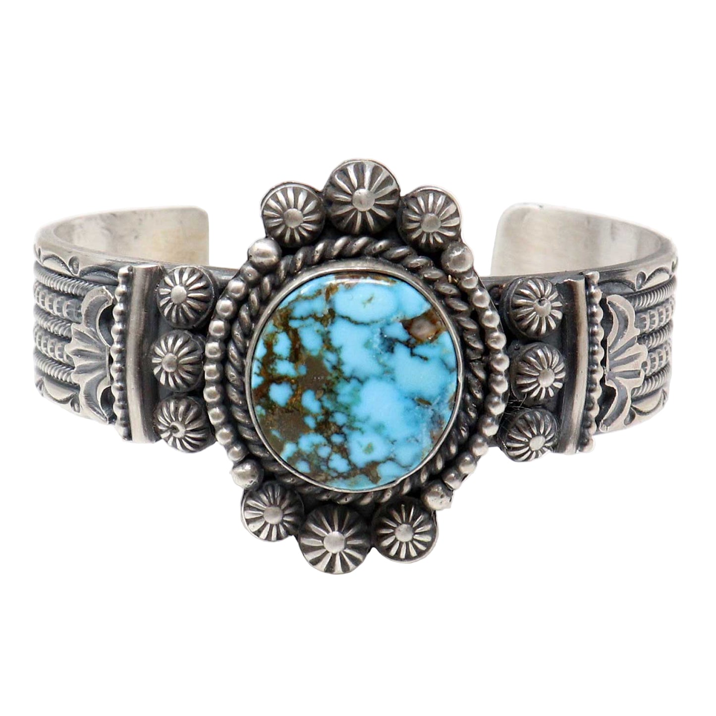 Silver bracelet with turquoise stone on a white background