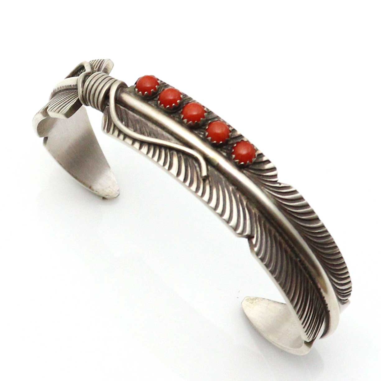 Silver Feather Bracelet With Coral by Chris Charley