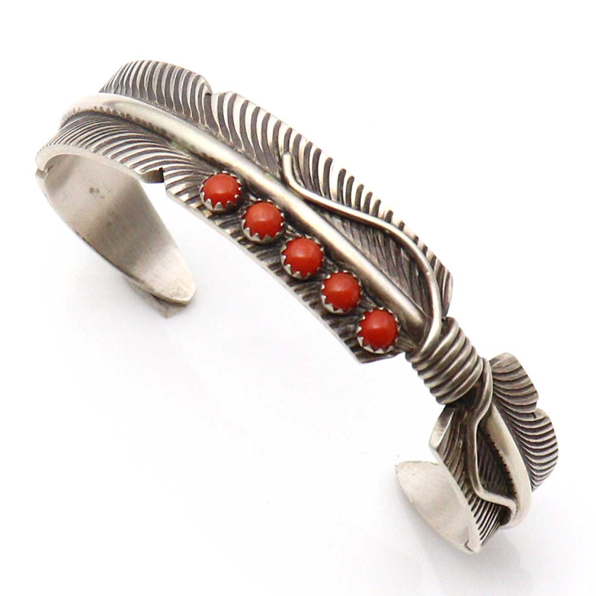 Silver Feather Bracelet With Coral by Chris Charley