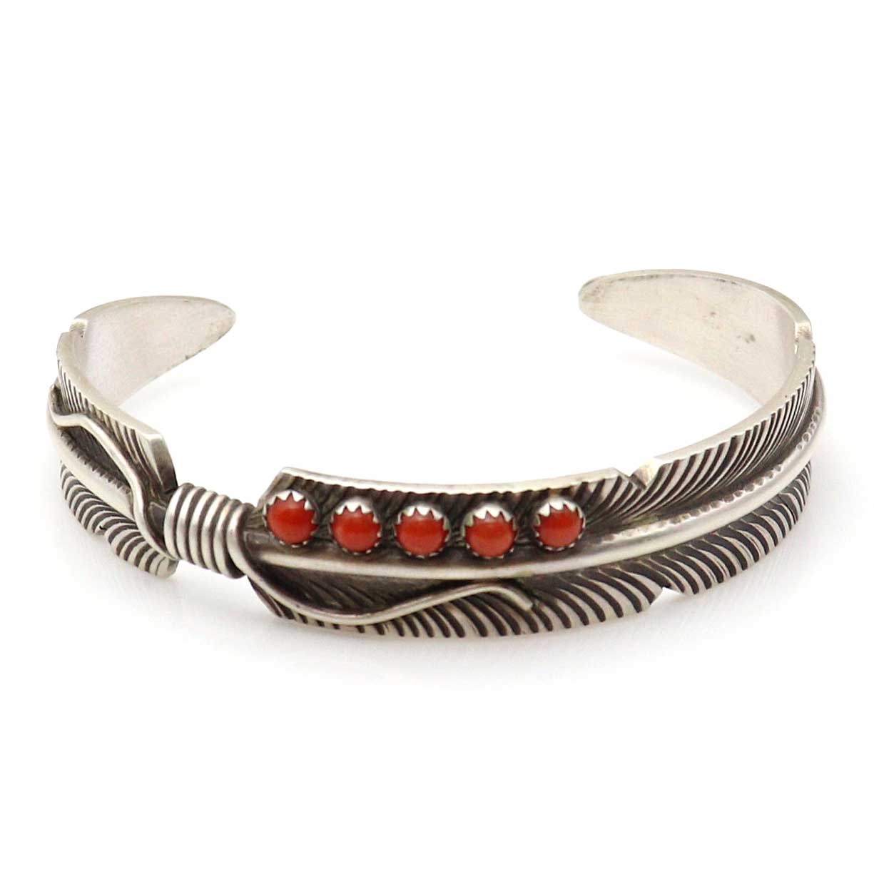 Silver Feather Bracelet With Coral by Chris Charley