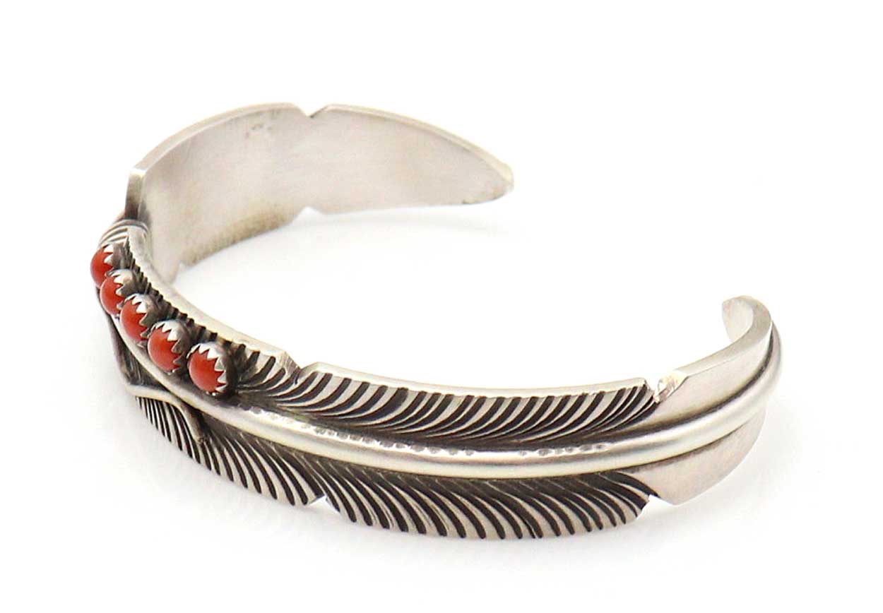 Silver Feather Bracelet With Coral by Chris Charley