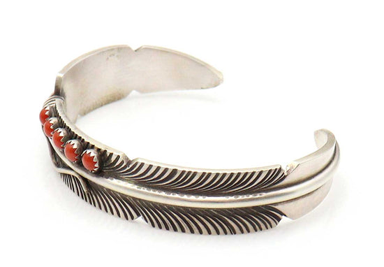 Load image into Gallery viewer, Silver Feather Bracelet With Coral by Chris Charley
