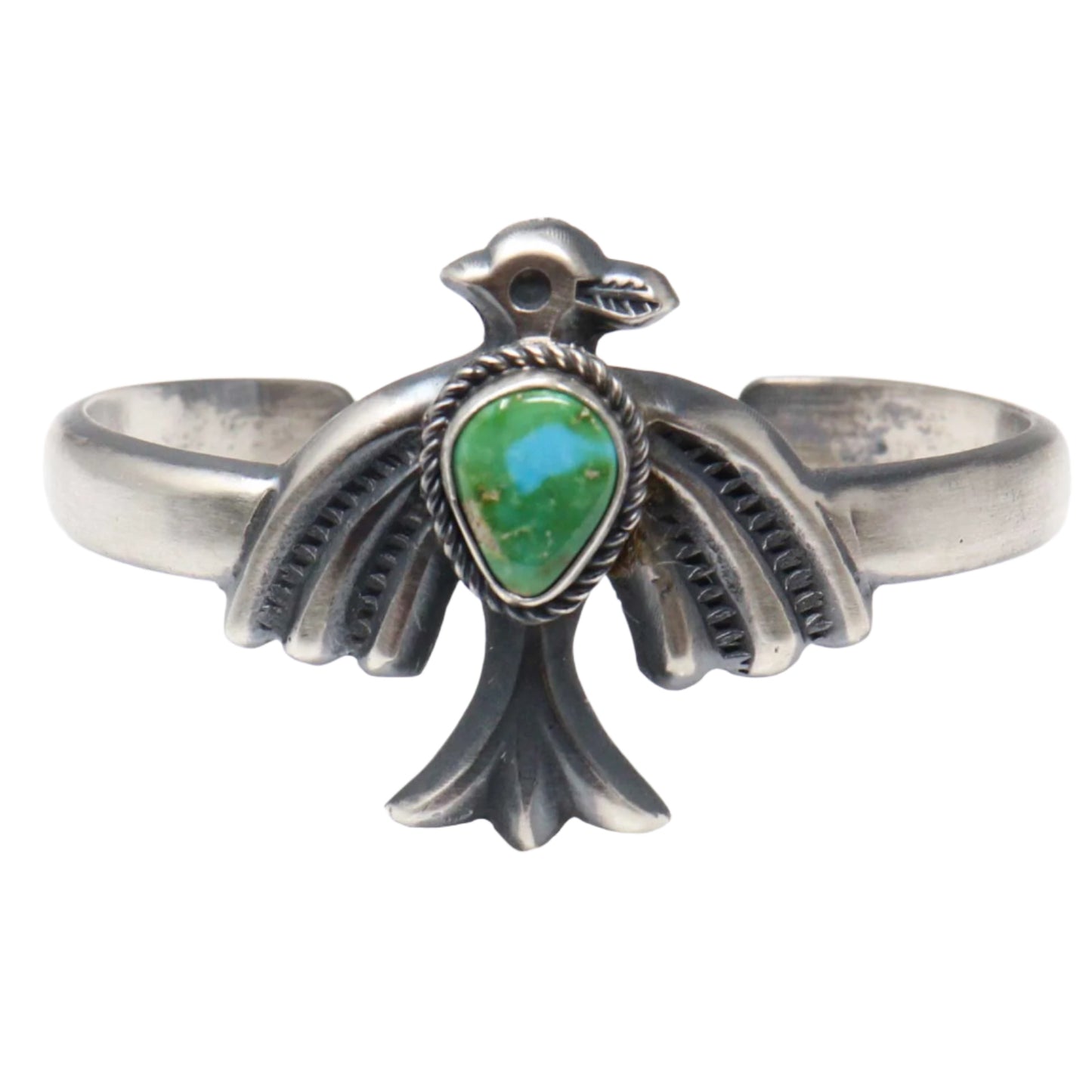 Sand cast silver bracelet with green turquoise stone by Bitsui