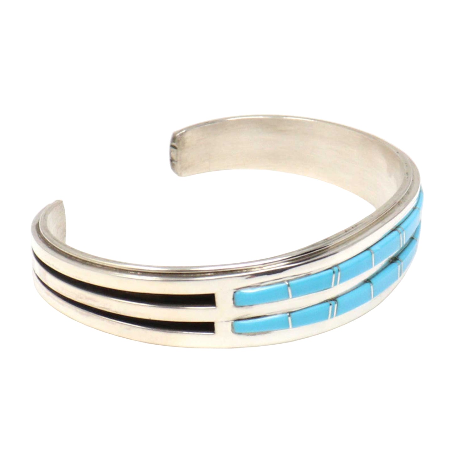 Silver bracelet with blue inlay on a white background