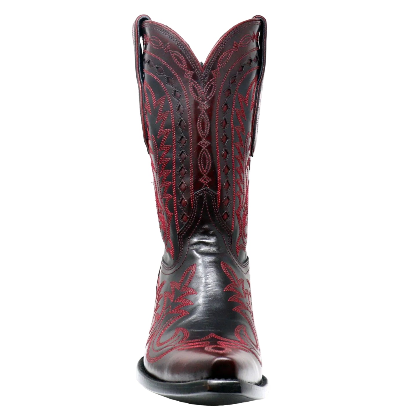 Black Cherry cowboy boot with red stitching on a white background