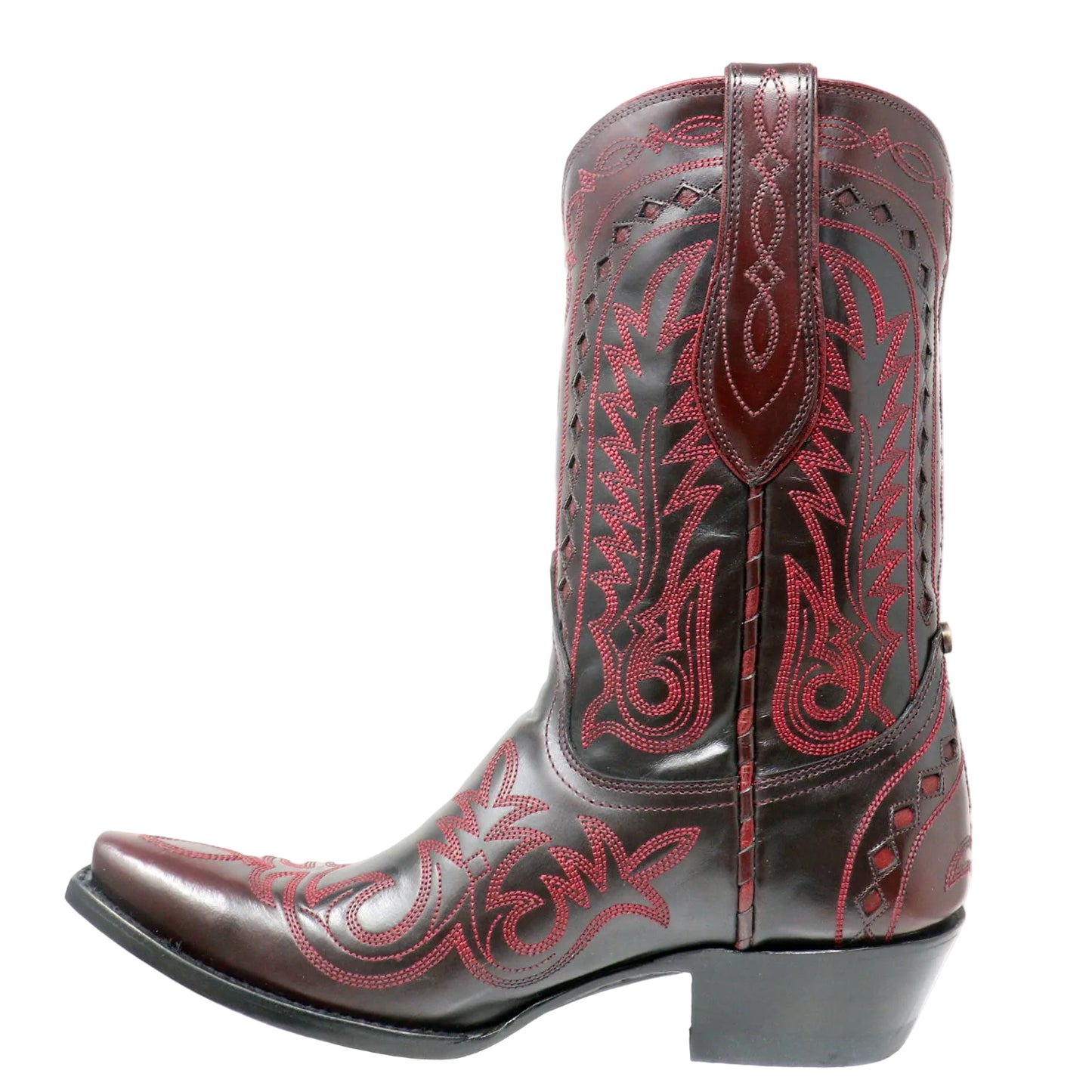 Texas Jack Black Cherry cowboy boot with red embroidery on a white background