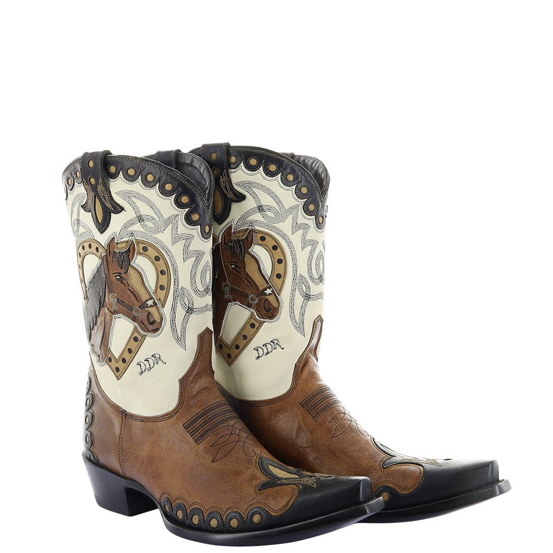 Pair of cowboy boots with horse designs on a white background