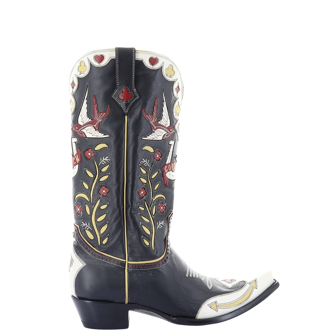 Decorative cowboy boot with floral and bird patterns on a white background