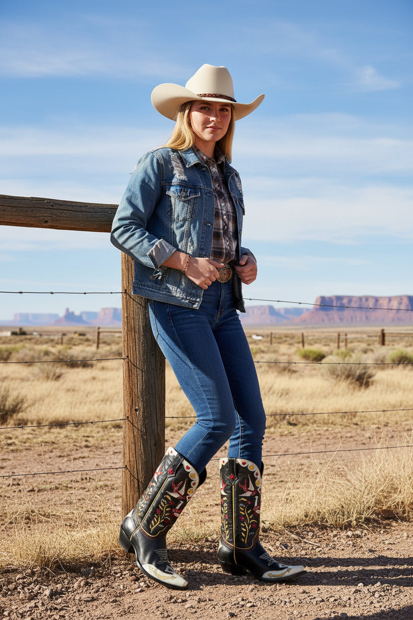 Pair of black cowboy boots with colorful floral and bird designs on a white background