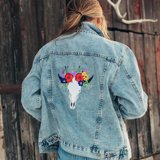 Floral Cow Skull Denim Jacket