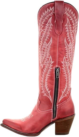 Corral Boots - Womens Red Embroidered Snip Toe Casual Boots Knee High Mid Heel 2-3"