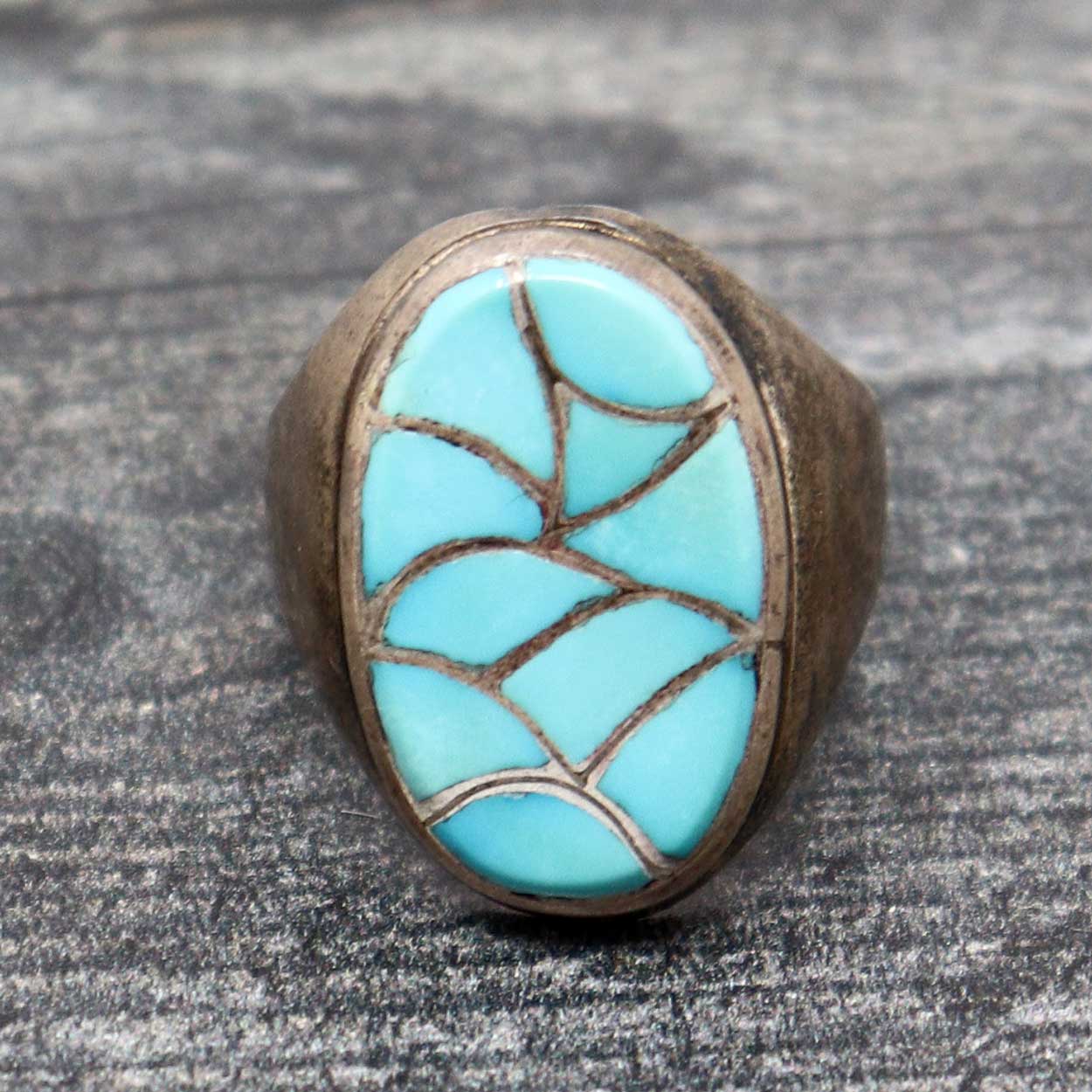 Load image into Gallery viewer, Zuni Fish Scale Turquoise Inlay Ring by Bonney
