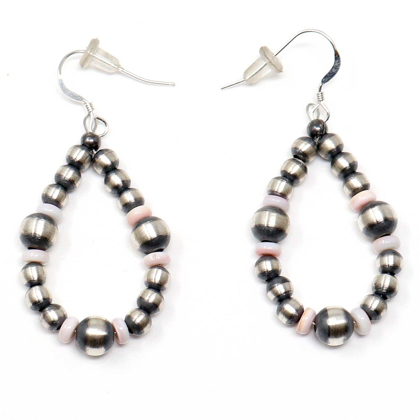 Load image into Gallery viewer, Silver Pearl Earrings With Pink Conch Accents
