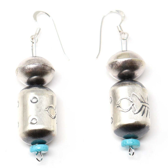 Turquoise and Silver Barrel Earrings