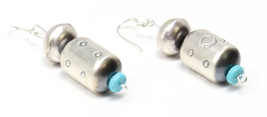 Load image into Gallery viewer, Turquoise and Silver Barrel Earrings
