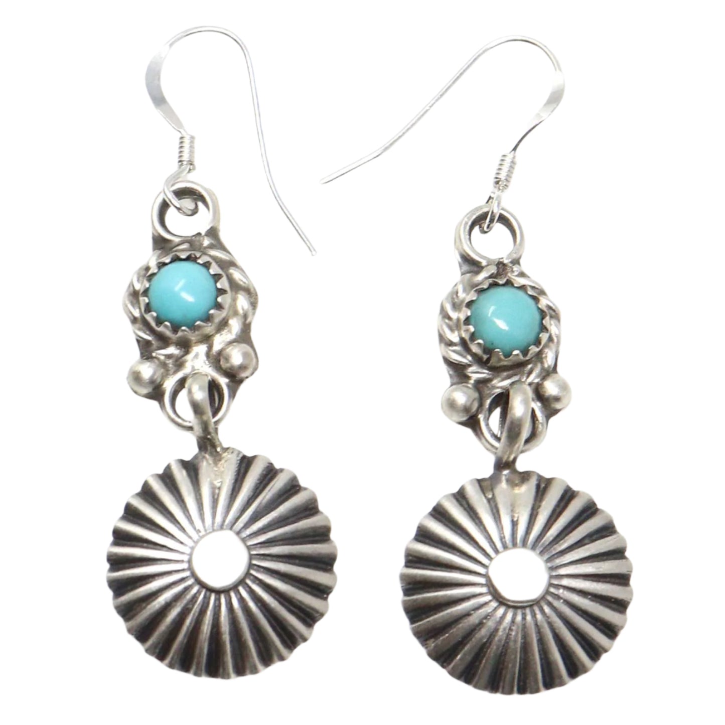 Silver earrings with turquoise stones on a white background