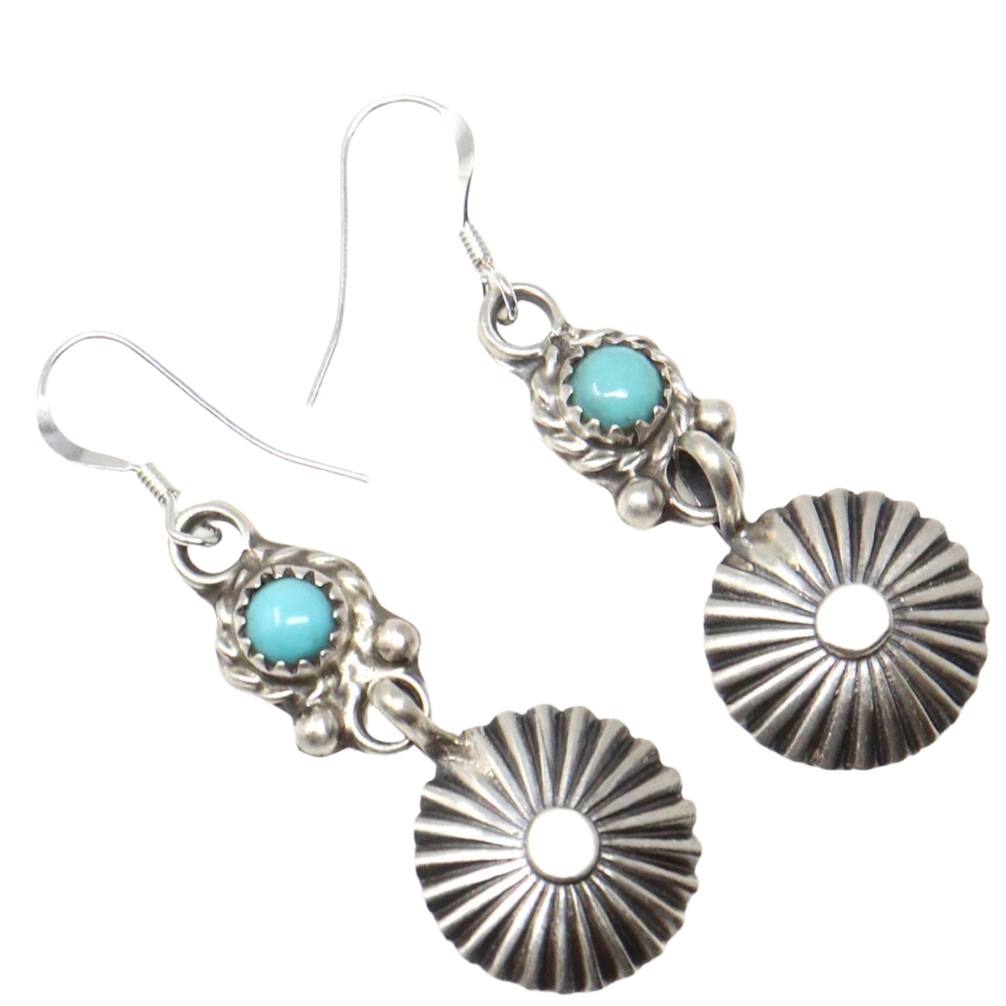 Navajo Silver and Turquoise Concho Earrings by Jerold Joe