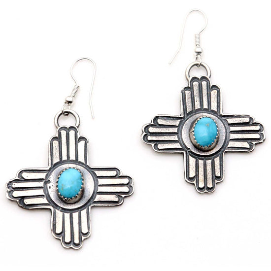 Load image into Gallery viewer, Silver Cross Earrings With Kingman Turquoise by Billah
