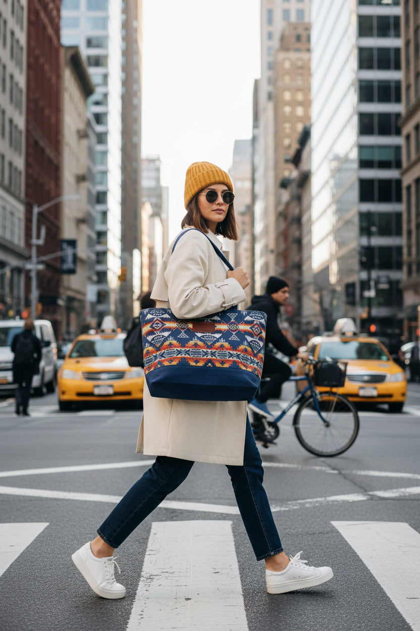 Lady carrying tote bag on a city crosswalk