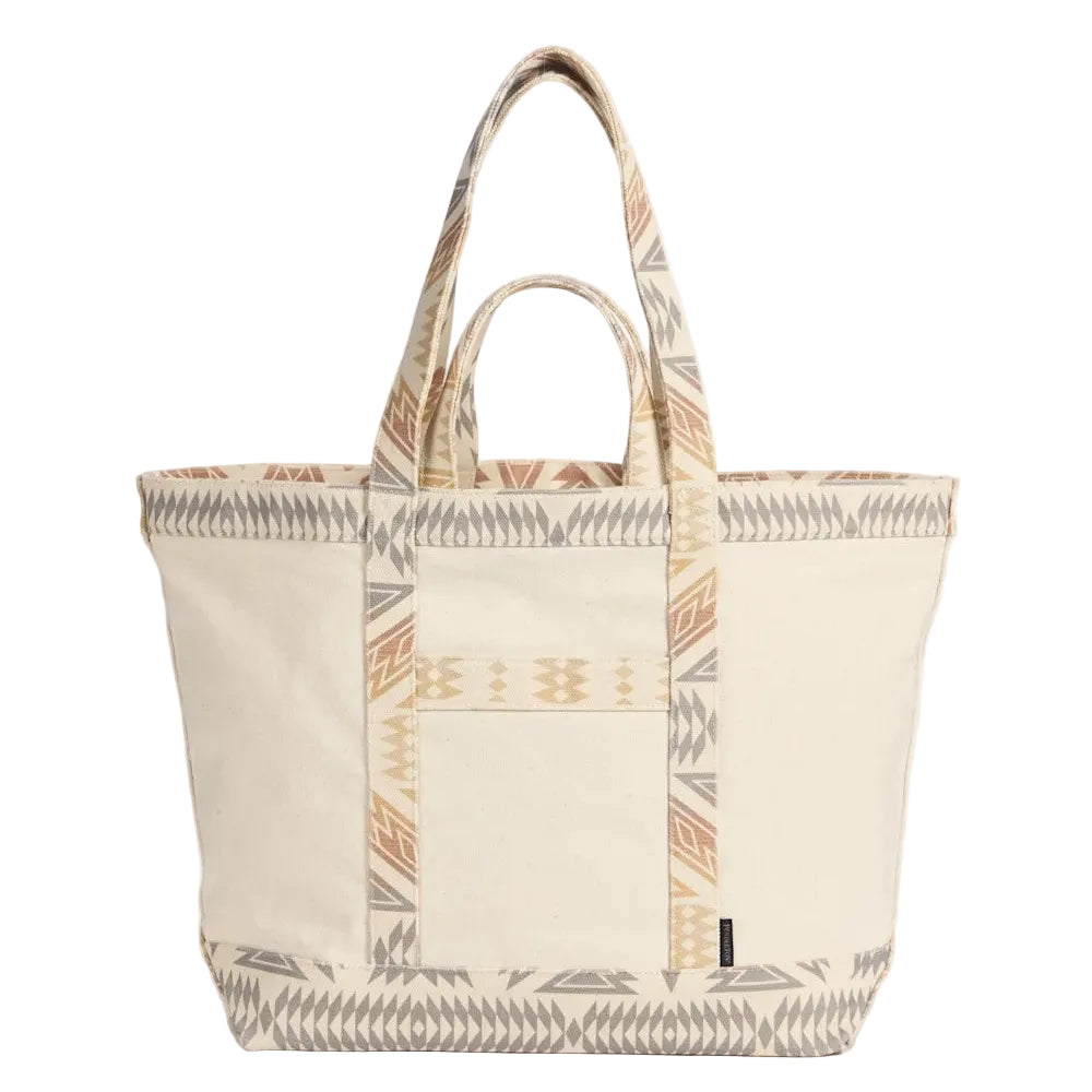 Beige tote bag with patterned handles on a white background