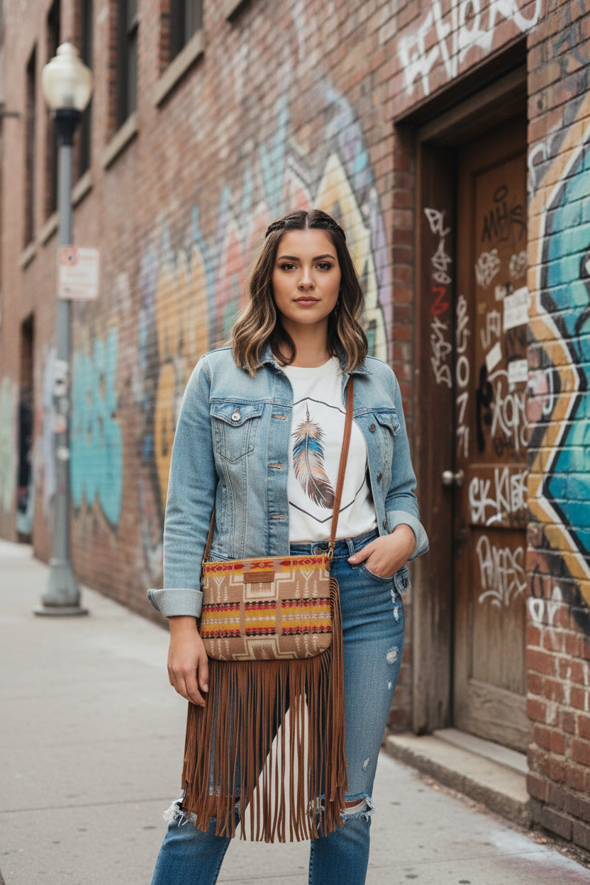 A fringe crossbody bag with a tan and brown geometric patterned body, featuring a long brown leather strap and cascading fringe.