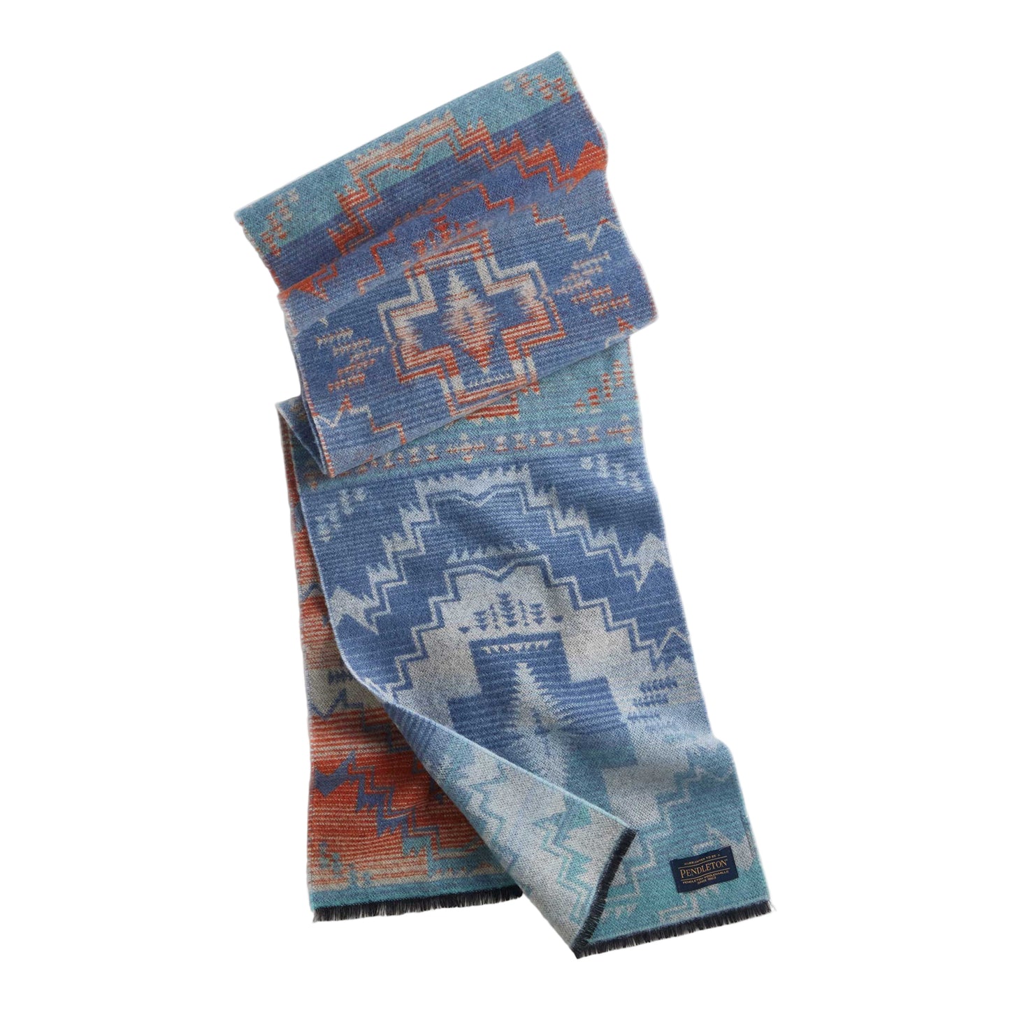 Blue and orange patterned scarf with a brand logo on a white background