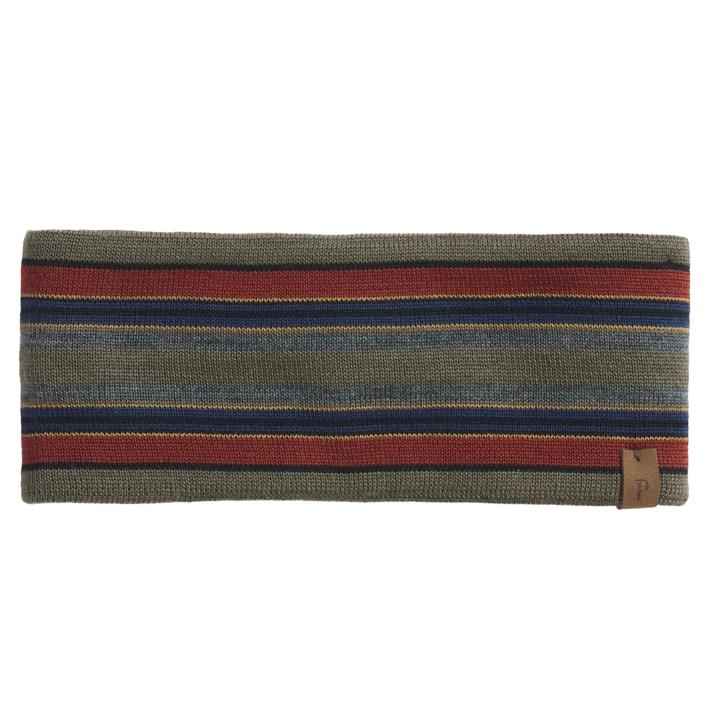 A striped knit headband in muted olive green, navy blue, rust red, and gray, featuring a small brown leather brand tab on the right side.