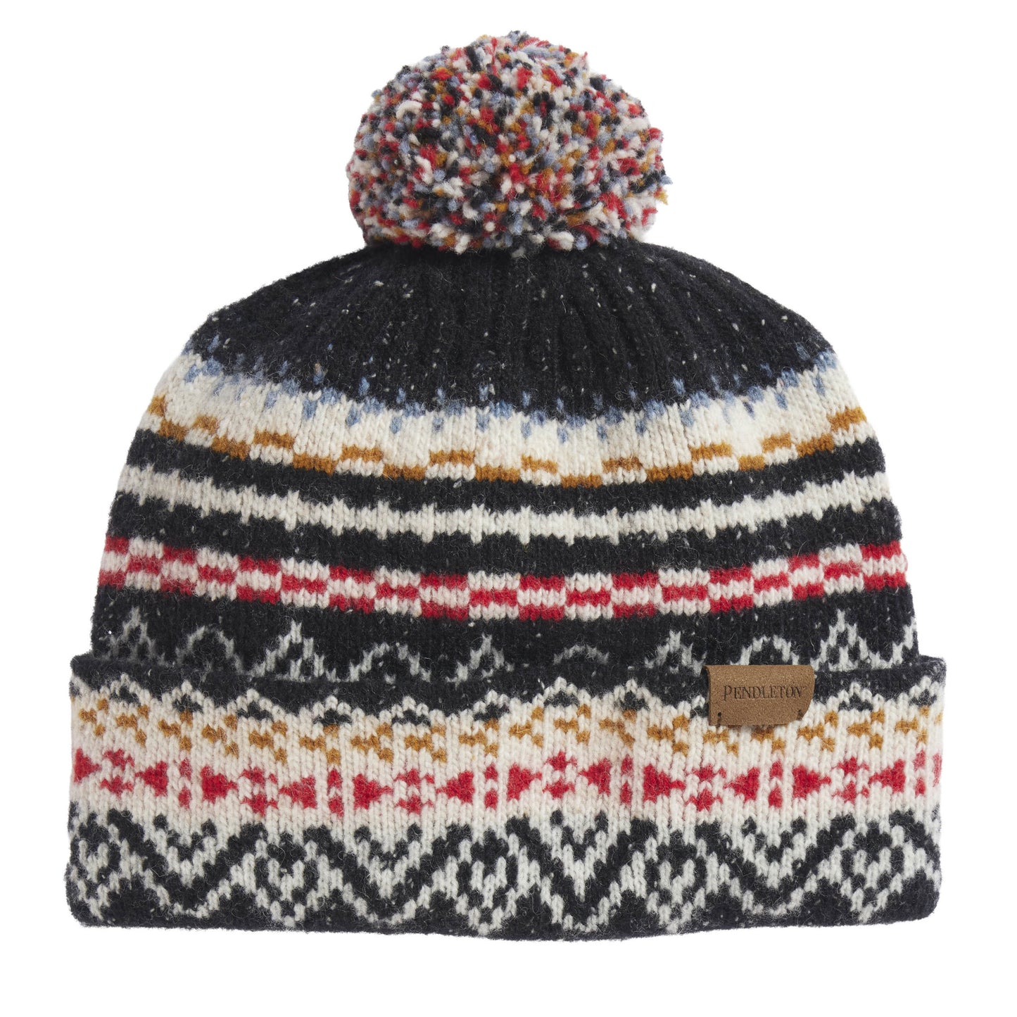 Pendleton Knit Lambs Wool Pom Beanie With Pom-Fairisle Black