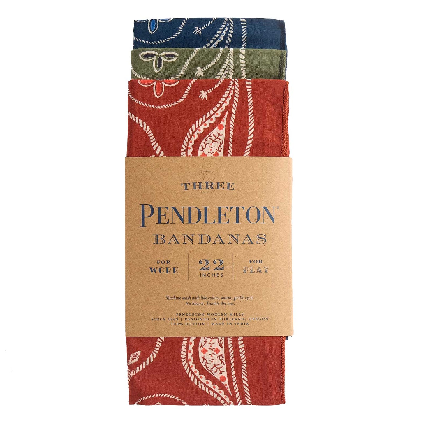 Pack of three Pendleton bandanas in various patterns with a cardboard packaging label.