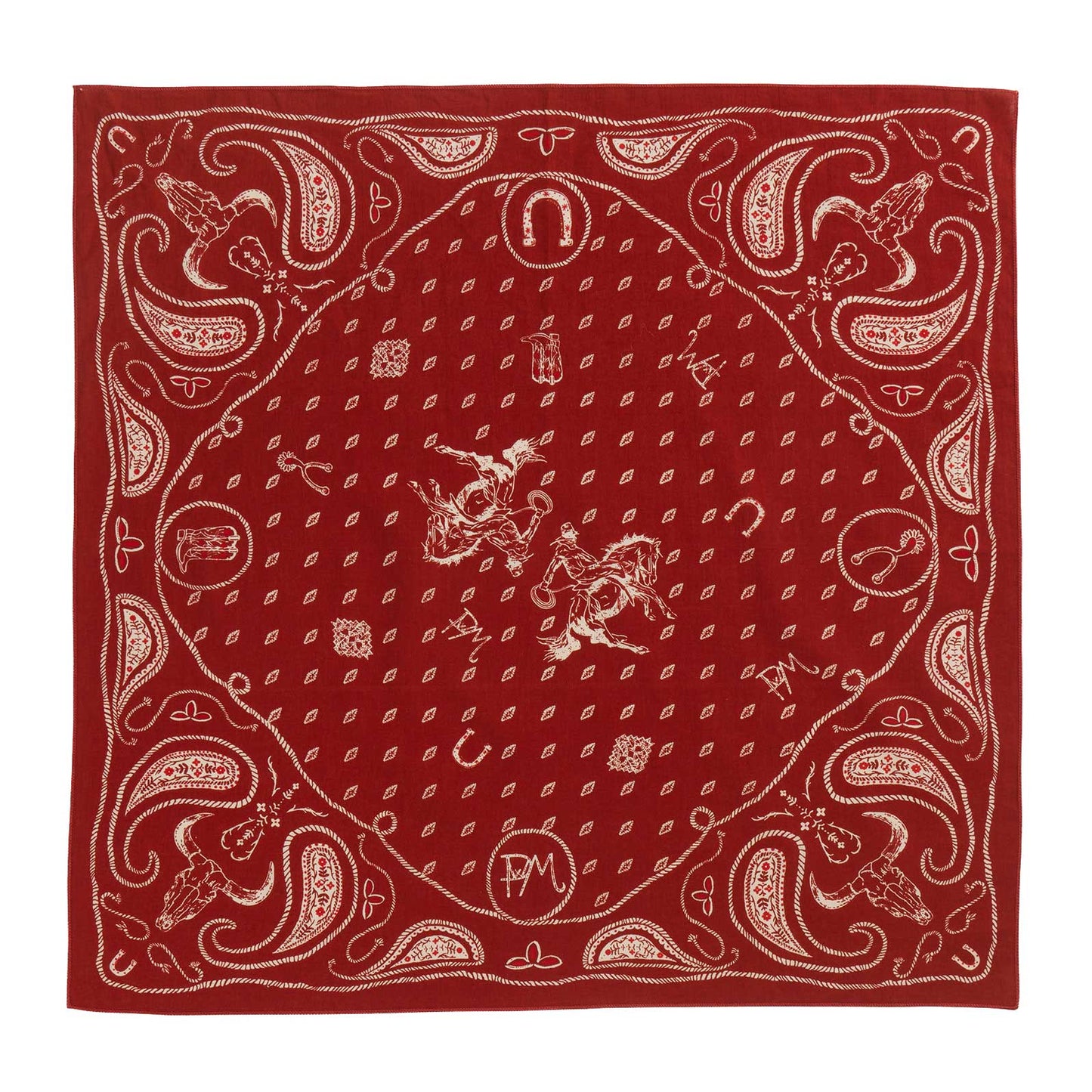 Red bandana with white paisley patterns on a white background