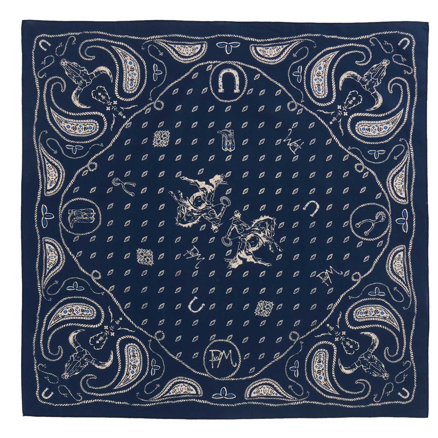 Navy blue bandana with white paisley patterns and logos