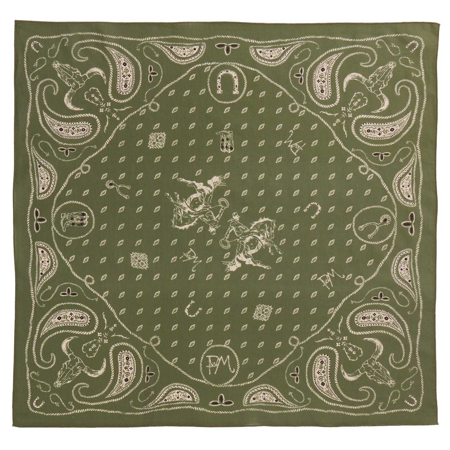 Green bandana with white patterns and designs on a green background