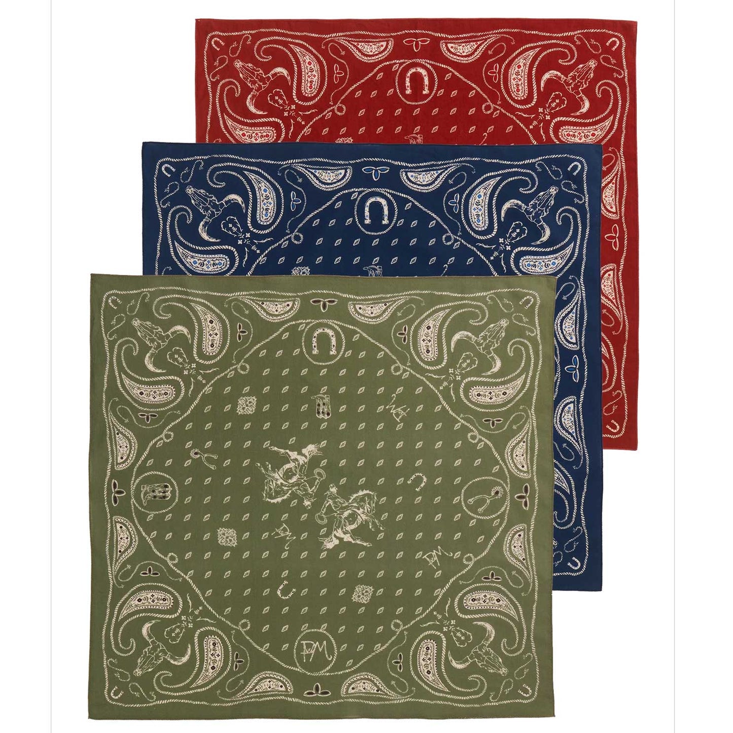 Three bandanas in red, blue, and green with paisley patterns on a white background.