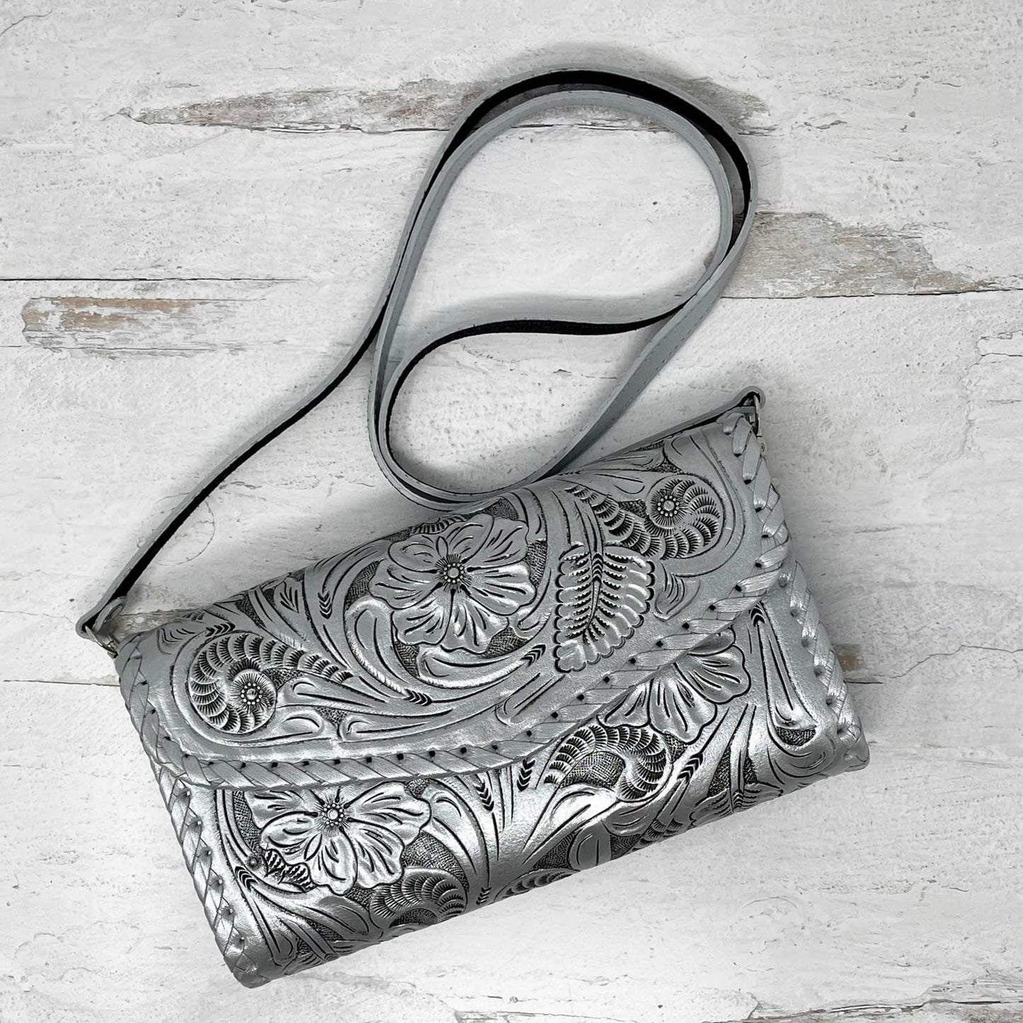 Itzel Silver Leather Crossbody Bag by Que Chula