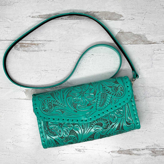 Itzel Turquoise Leather Crossbody Bag by Que Chula