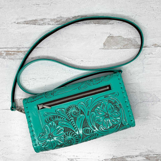 Itzel Turquoise Leather Crossbody Bag by Que Chula