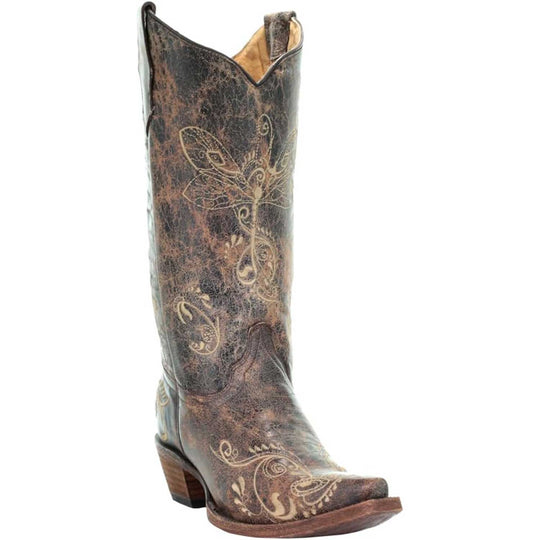 Corral Boots Women's Western Dragonfly Distressed Brown/Bone Embroidered Snip Toe Boots