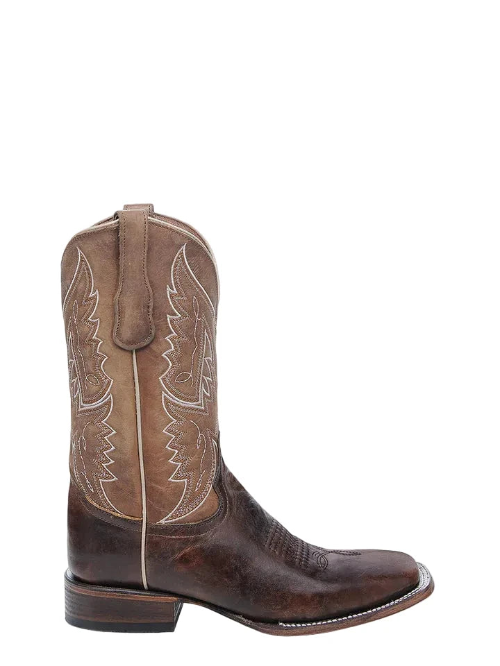 Brown cowboy boot with intricate white stitching on a white background