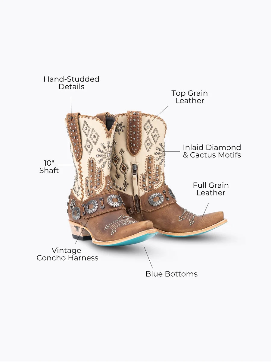 Cowboy boots with text labels detailing features on a white background