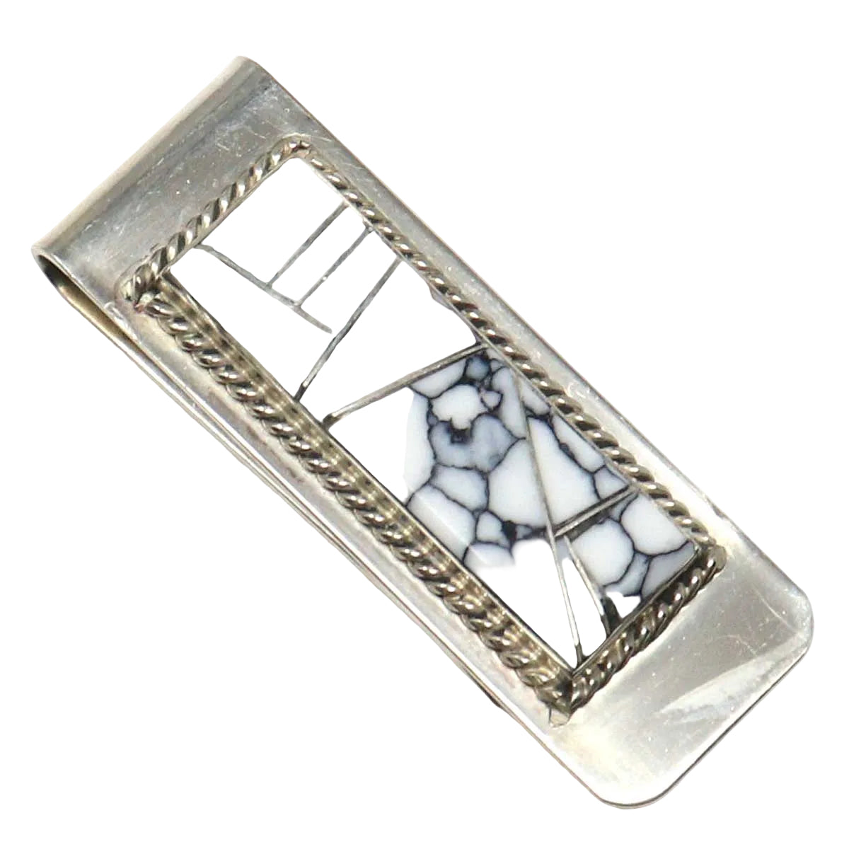 Silver money clip with white and gray marbled design on a white background