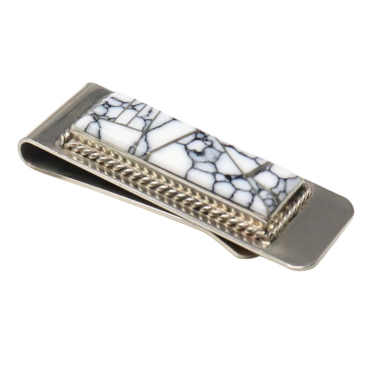Money clip with marble pattern and gold chain on a white background