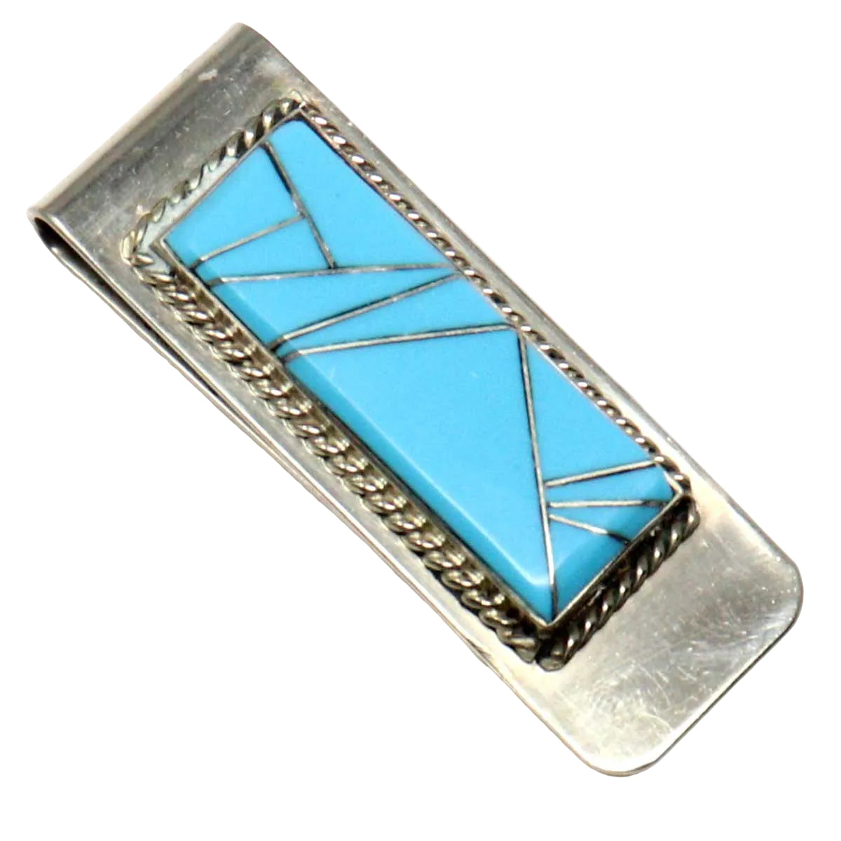 Silver money clip with turquoise stone on a white background