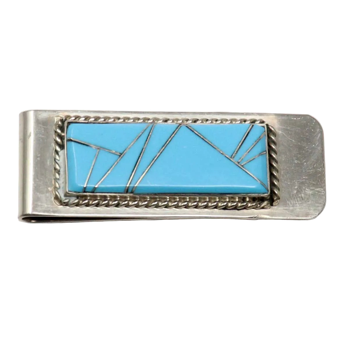 Silver money clip with turquoise stone on a white background